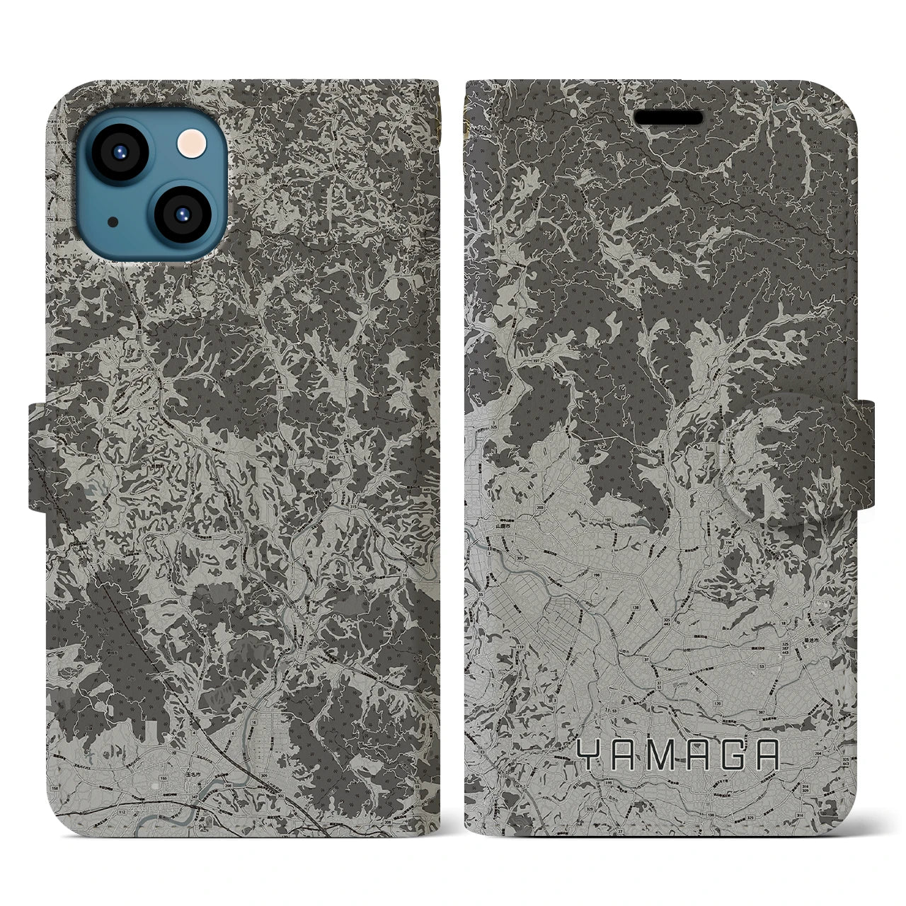 【山鹿(熊本県)】地図柄iPhoneケース(手帳タイプ)モノトーン・iPhone 13 用
