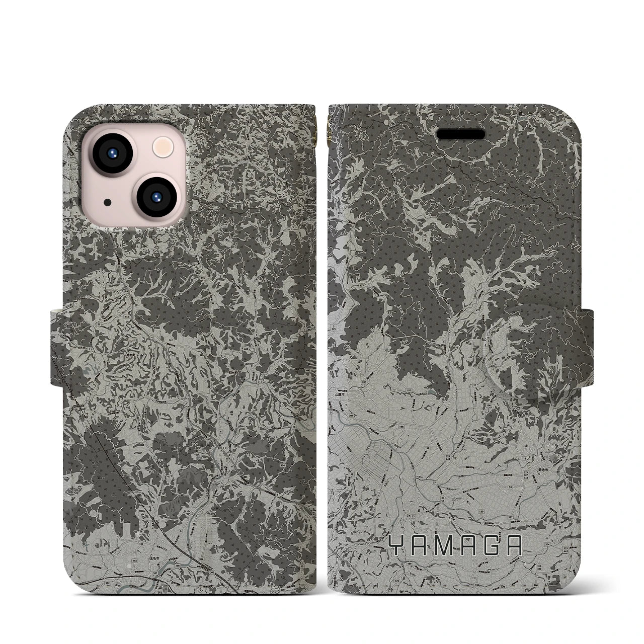 【山鹿(熊本県)】地図柄iPhoneケース(手帳タイプ)モノトーン・iPhone 13 mini 用