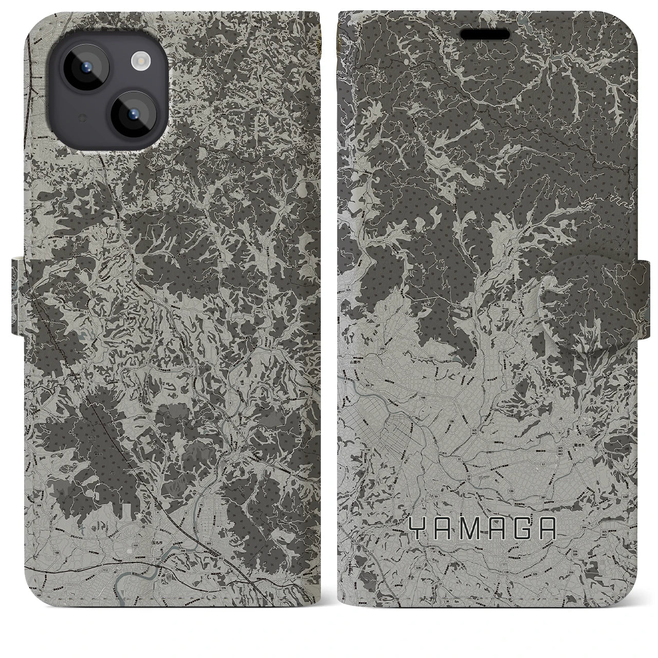 【山鹿(熊本県)】地図柄iPhoneケース(手帳タイプ)モノトーン・iPhone 14 Plus 用