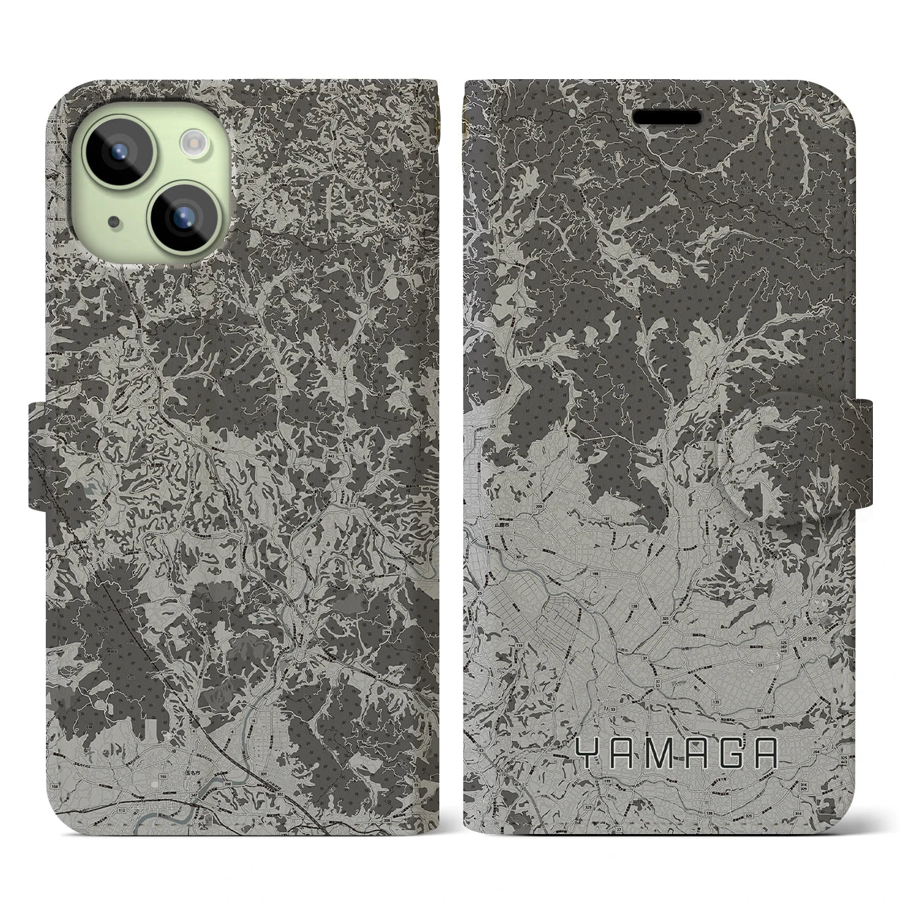 【山鹿(熊本県)】地図柄iPhoneケース(手帳タイプ)モノトーン・iPhone 15 用