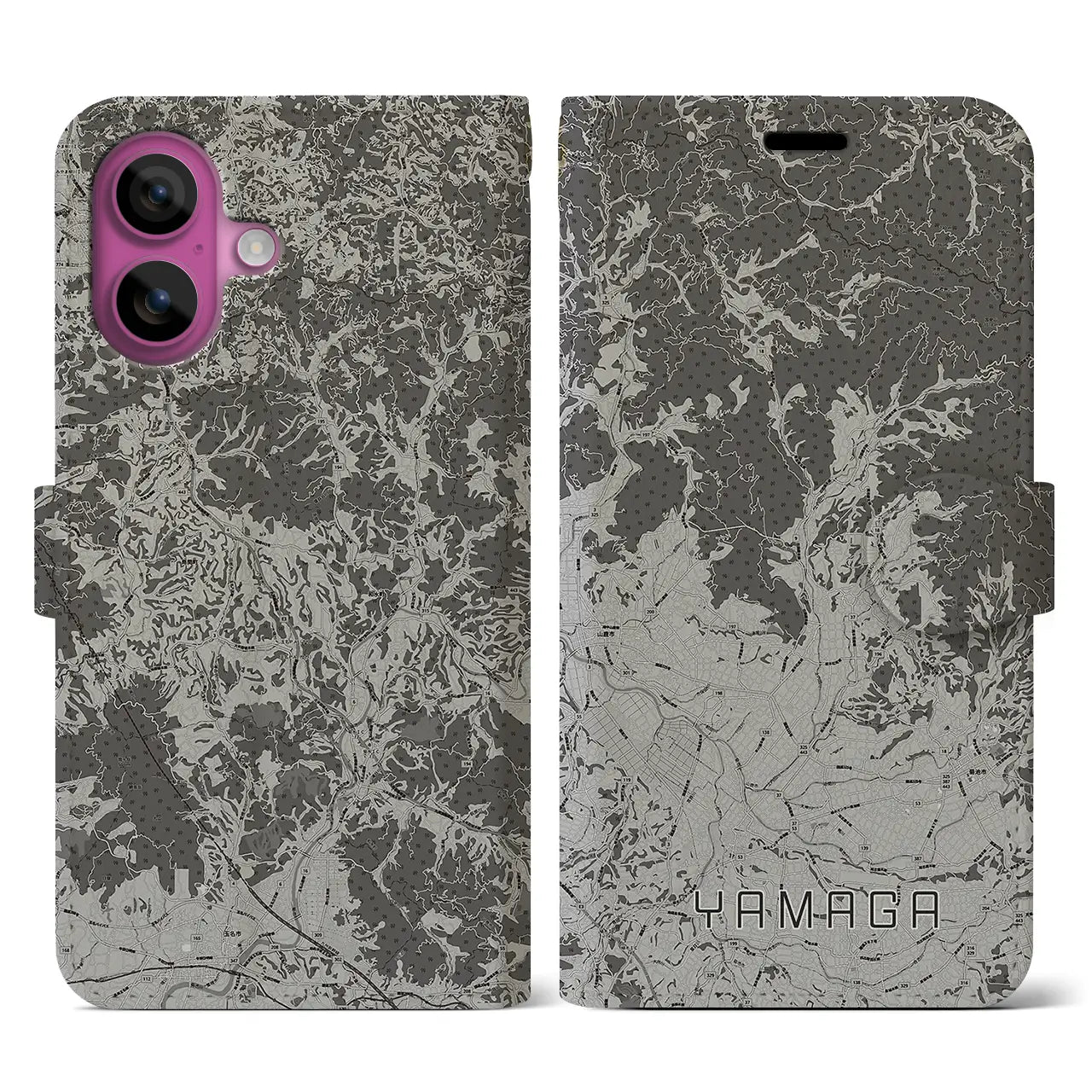 【山鹿(熊本県)】地図柄iPhoneケース(手帳タイプ)モノトーン・iPhone 16 Pro 用
