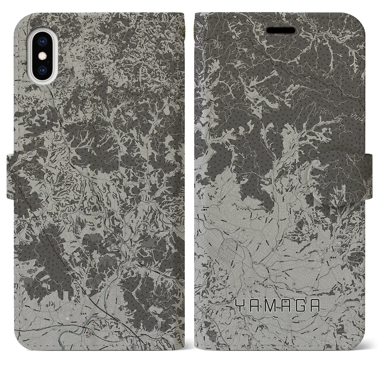 【山鹿(熊本県)】地図柄iPhoneケース(手帳タイプ)モノトーン・iPhone XS Max 用