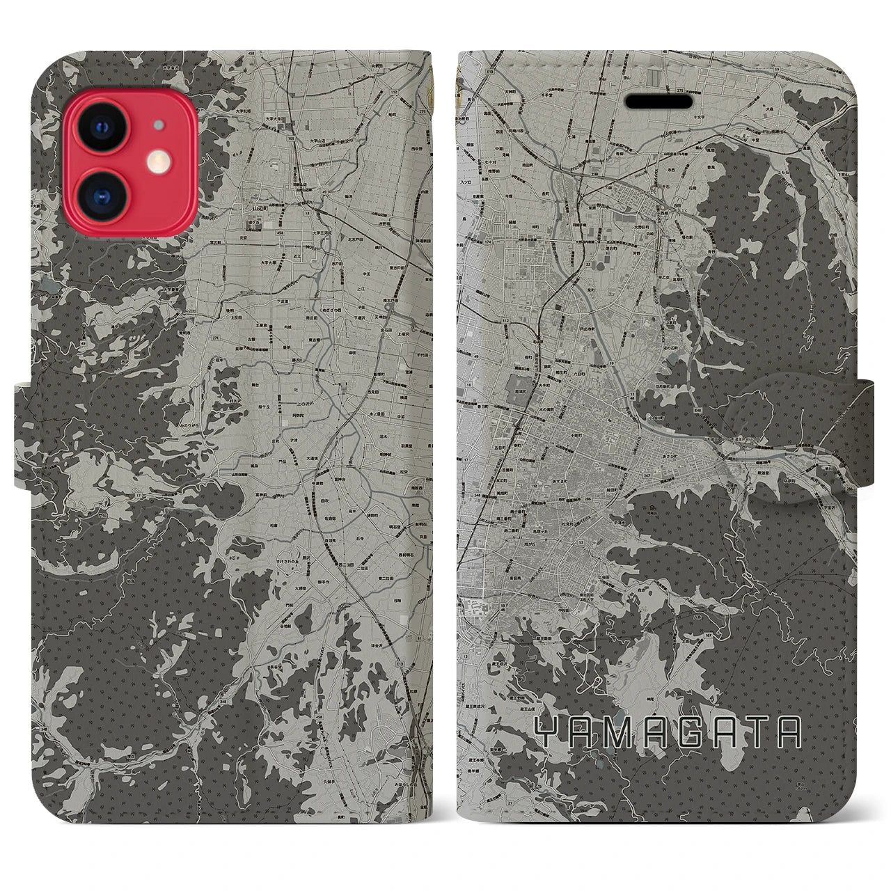 【山形(山形県)】地図柄iPhoneケース(手帳タイプ)モノトーン・iPhone 11 用
