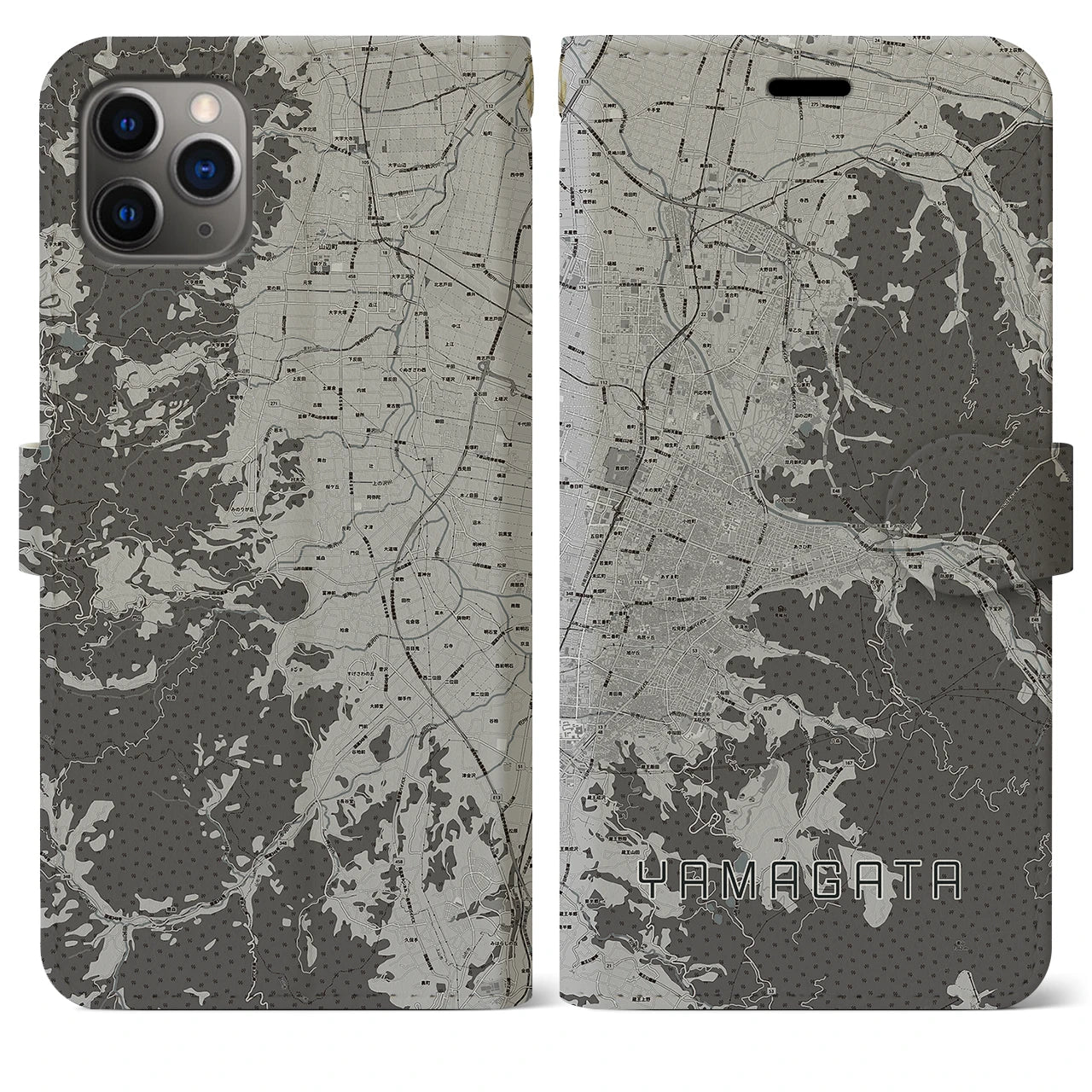 【山形(山形県)】地図柄iPhoneケース(手帳タイプ)モノトーン・iPhone 11 Pro Max 用