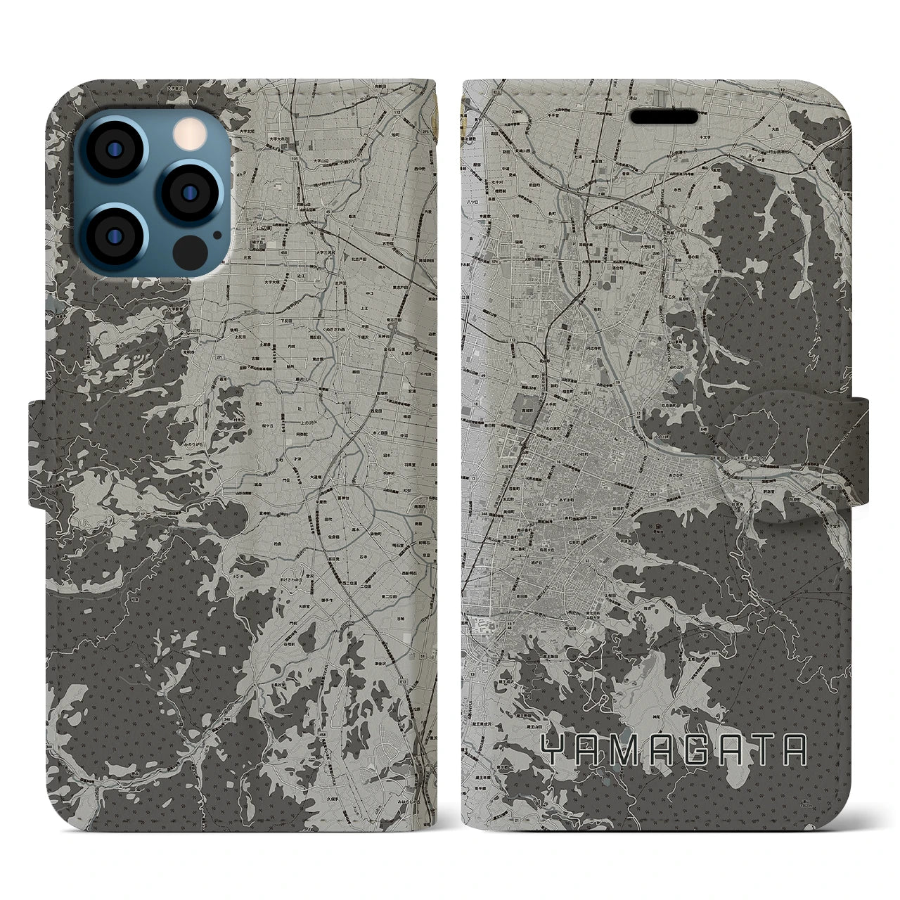 【山形(山形県)】地図柄iPhoneケース(手帳タイプ)モノトーン・iPhone 12 / 12 Pro 用