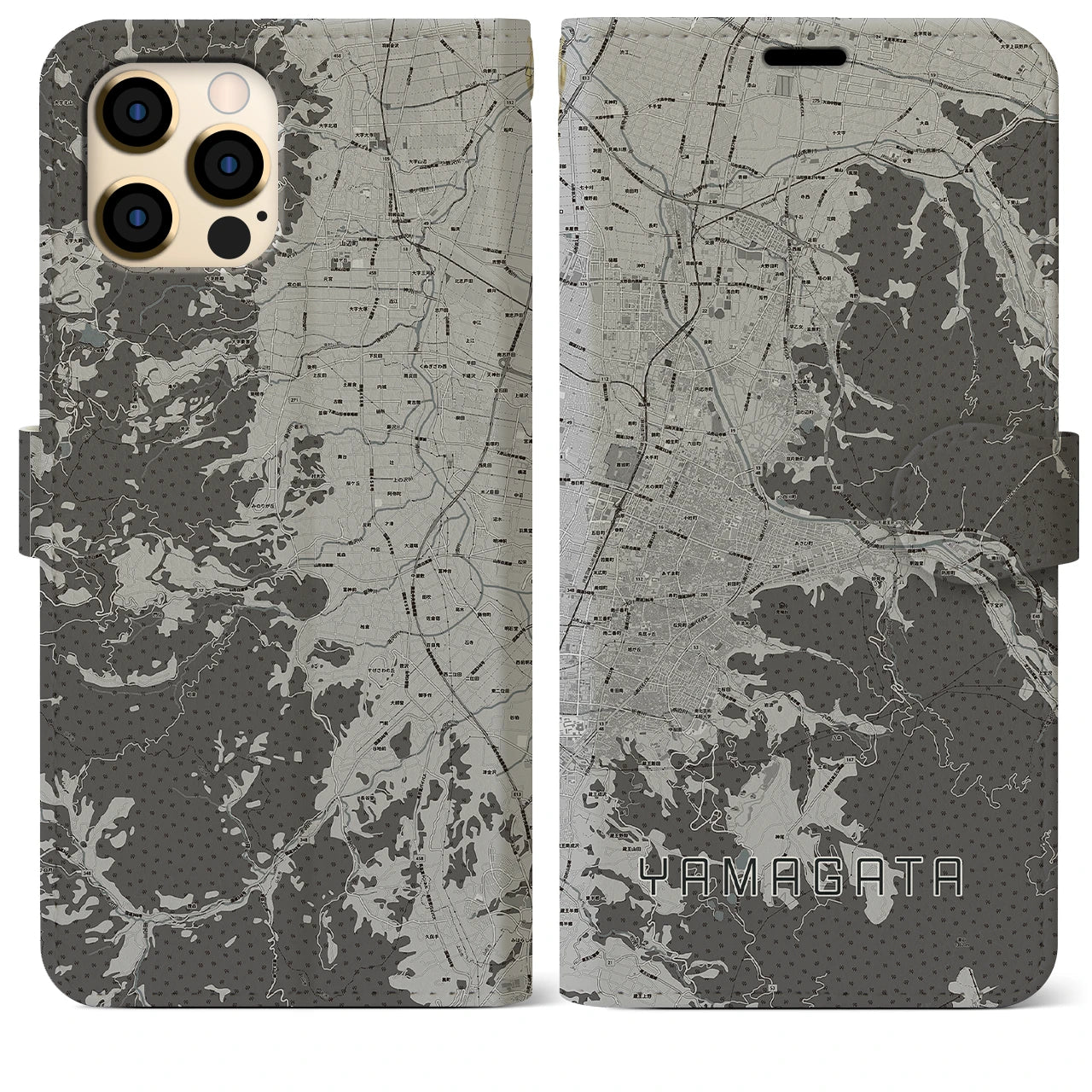 【山形(山形県)】地図柄iPhoneケース(手帳タイプ)モノトーン・iPhone 12 Pro Max 用