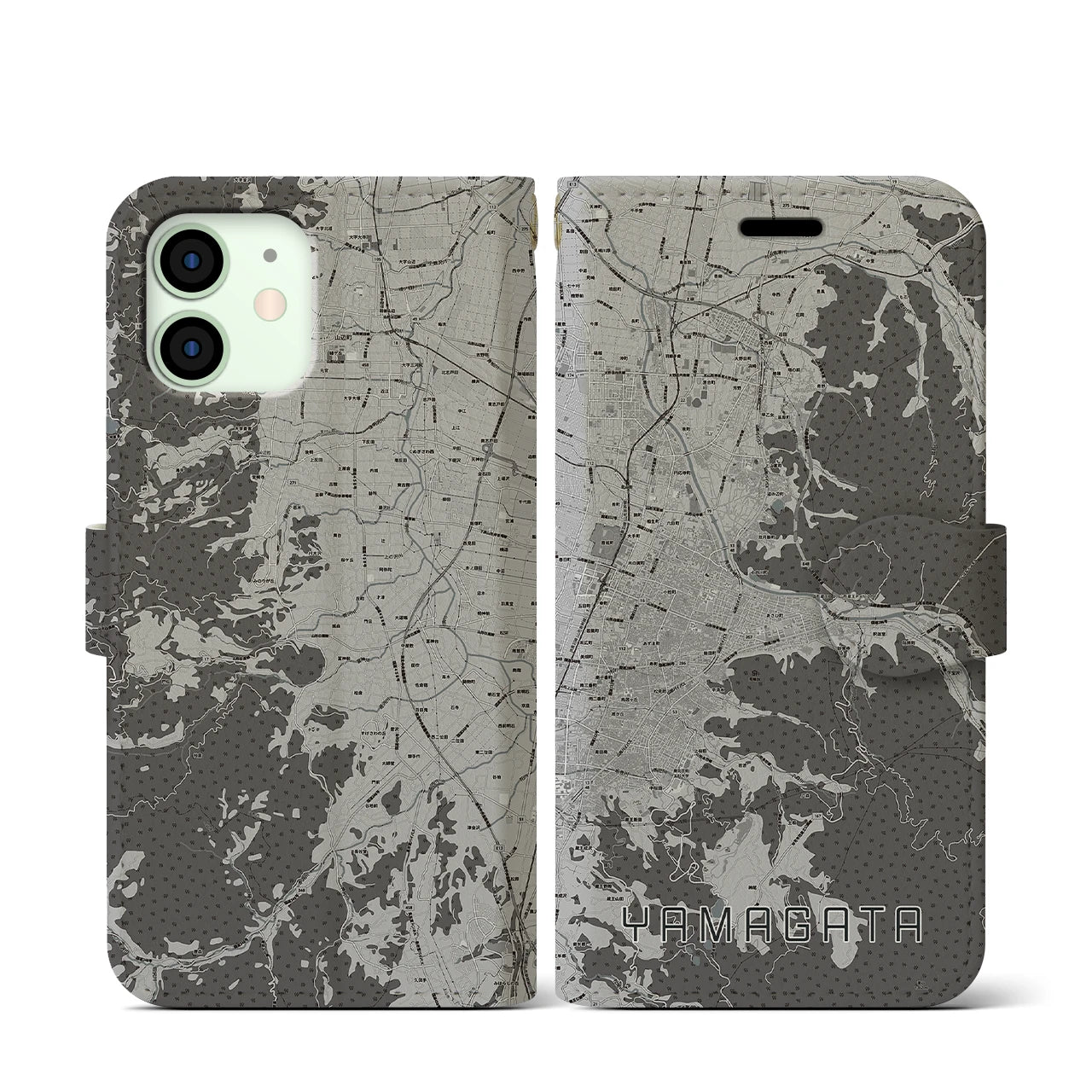 【山形(山形県)】地図柄iPhoneケース(手帳タイプ)モノトーン・iPhone 12 mini 用