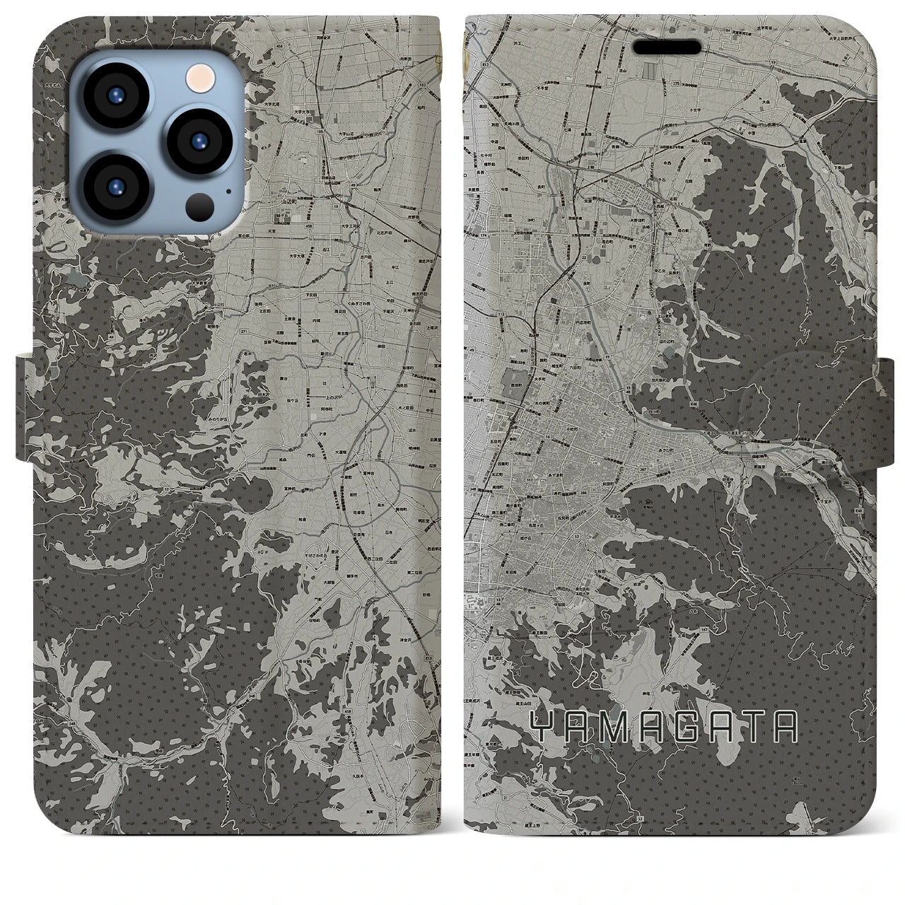 【山形(山形県)】地図柄iPhoneケース(手帳タイプ)モノトーン・iPhone 13 Pro Max 用