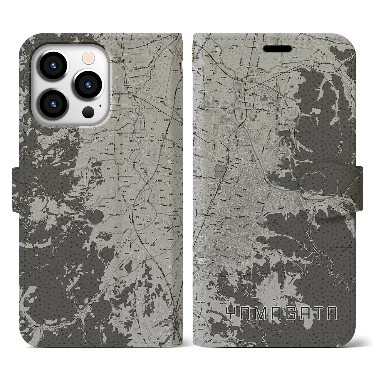 【山形(山形県)】地図柄iPhoneケース(手帳タイプ)モノトーン・iPhone 13 Pro 用
