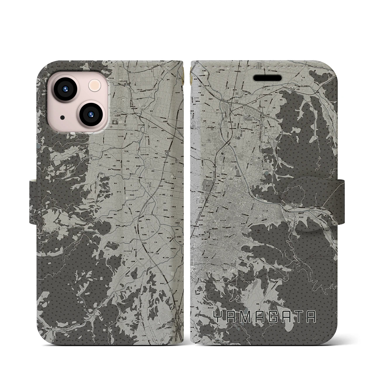 【山形(山形県)】地図柄iPhoneケース(手帳タイプ)モノトーン・iPhone 13 mini 用