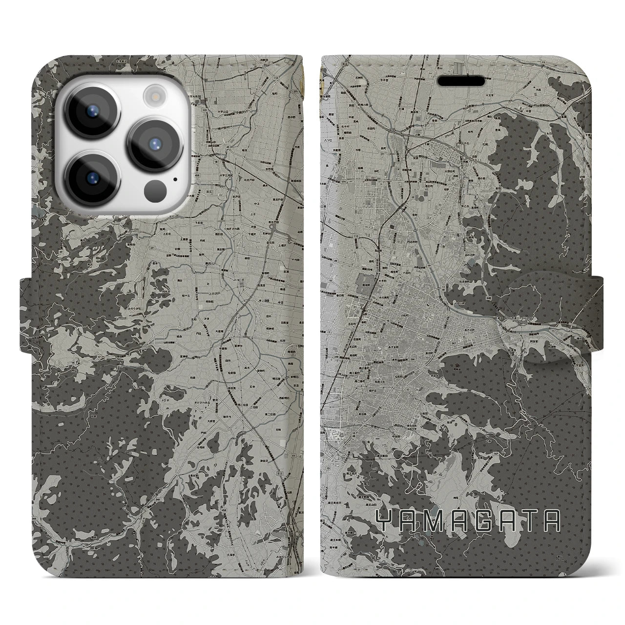 【山形(山形県)】地図柄iPhoneケース(手帳タイプ)モノトーン・iPhone 14 Pro 用