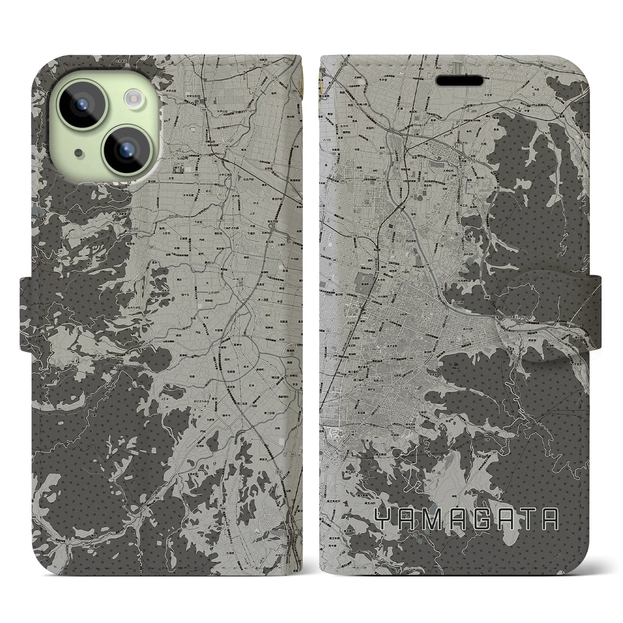 【山形(山形県)】地図柄iPhoneケース(手帳タイプ)モノトーン・iPhone 15 用
