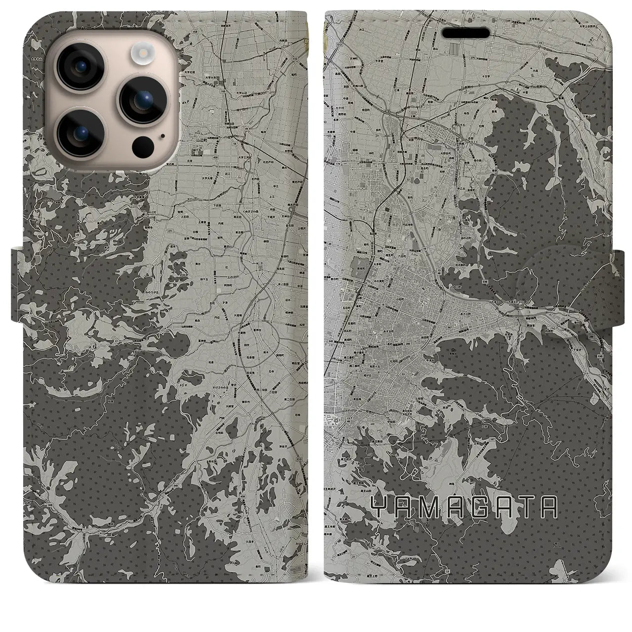 【山形(山形県)】地図柄iPhoneケース(手帳タイプ)モノトーン・iPhone 16 Plus 用