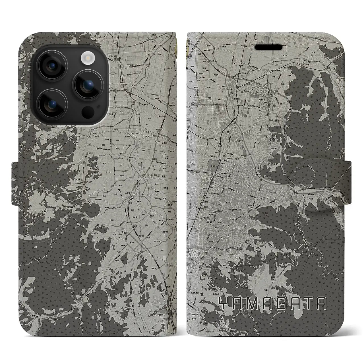 【山形(山形県)】地図柄iPhoneケース(手帳タイプ)モノトーン・iPhone 16 用