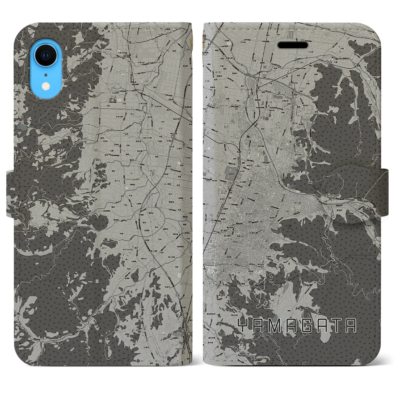 【山形(山形県)】地図柄iPhoneケース(手帳タイプ)モノトーン・iPhone XR 用