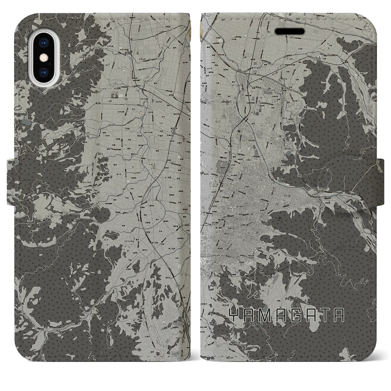 【山形(山形県)】地図柄iPhoneケース(手帳タイプ)モノトーン・iPhone XS Max 用