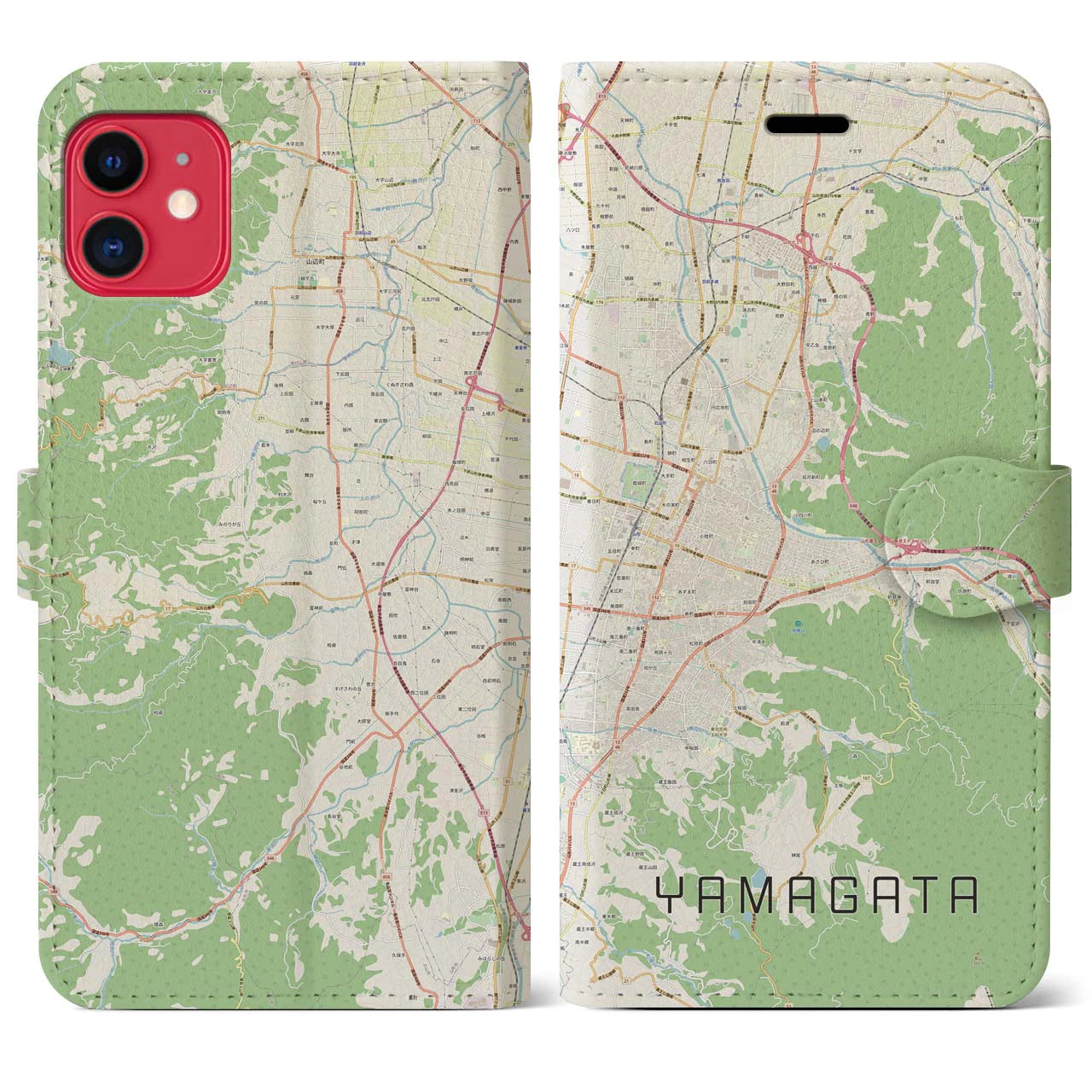 【山形(山形県)】地図柄iPhoneケース(手帳タイプ)ナチュラル・iPhone 11 用