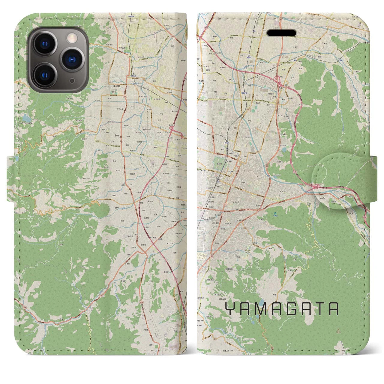 【山形(山形県)】地図柄iPhoneケース(手帳タイプ)ナチュラル・iPhone 11 Pro Max 用