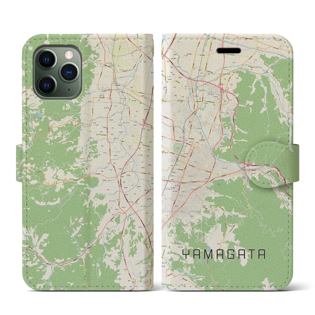 【山形(山形県)】地図柄iPhoneケース(手帳タイプ)ナチュラル・iPhone 11 Pro 用