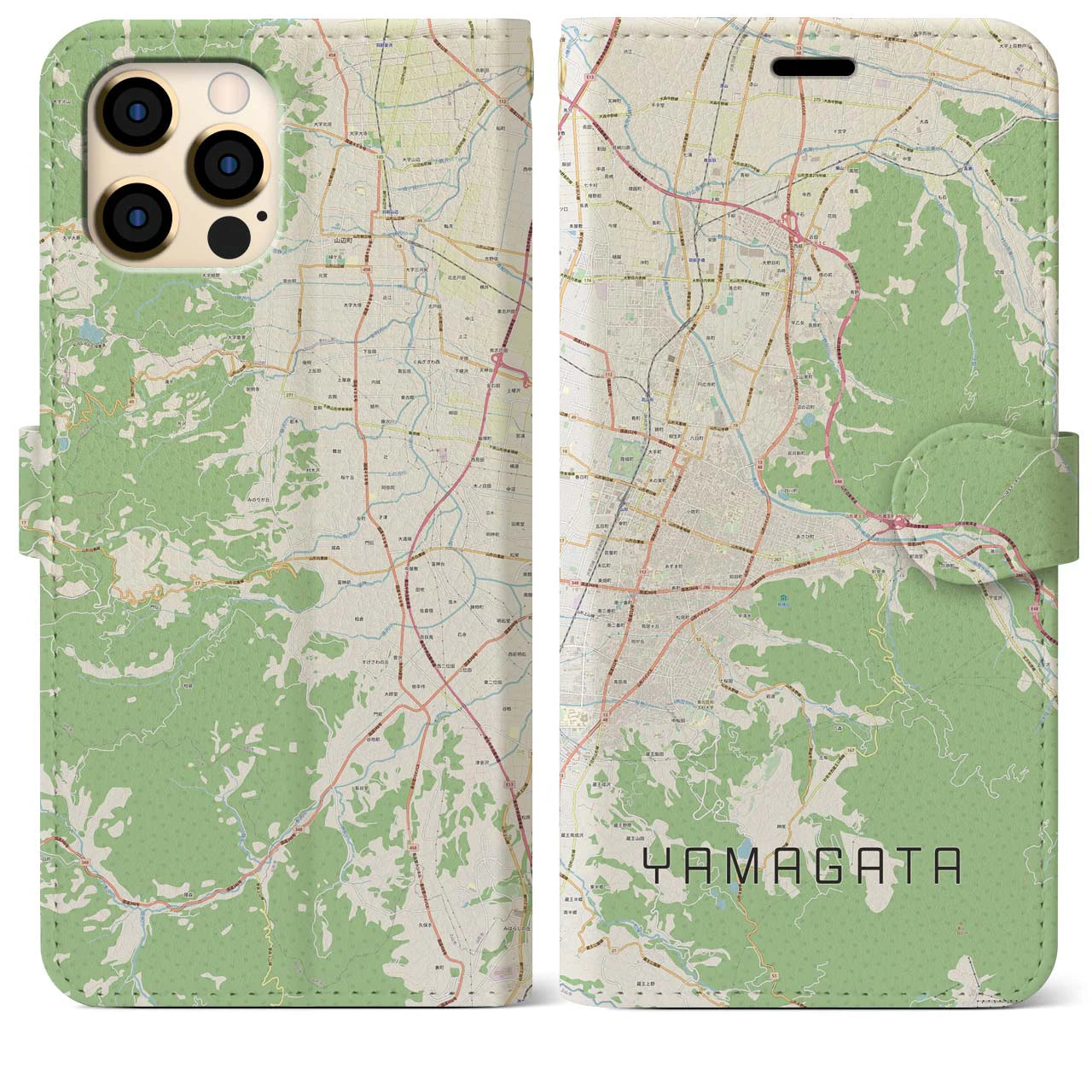 【山形(山形県)】地図柄iPhoneケース(手帳タイプ)ナチュラル・iPhone 12 Pro Max 用