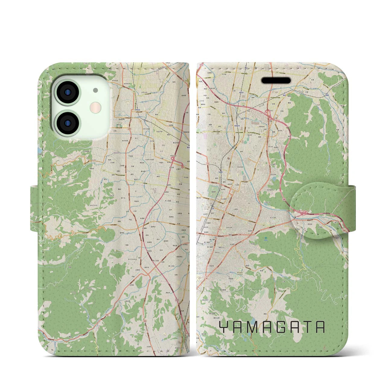 【山形(山形県)】地図柄iPhoneケース(手帳タイプ)ナチュラル・iPhone 12 mini 用