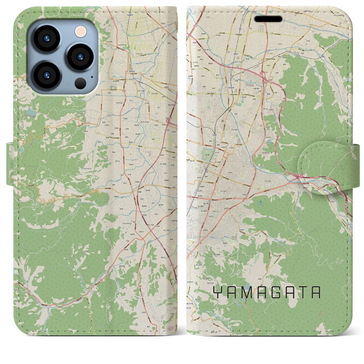 【山形(山形県)】地図柄iPhoneケース(手帳タイプ)ナチュラル・iPhone 13 Pro Max 用