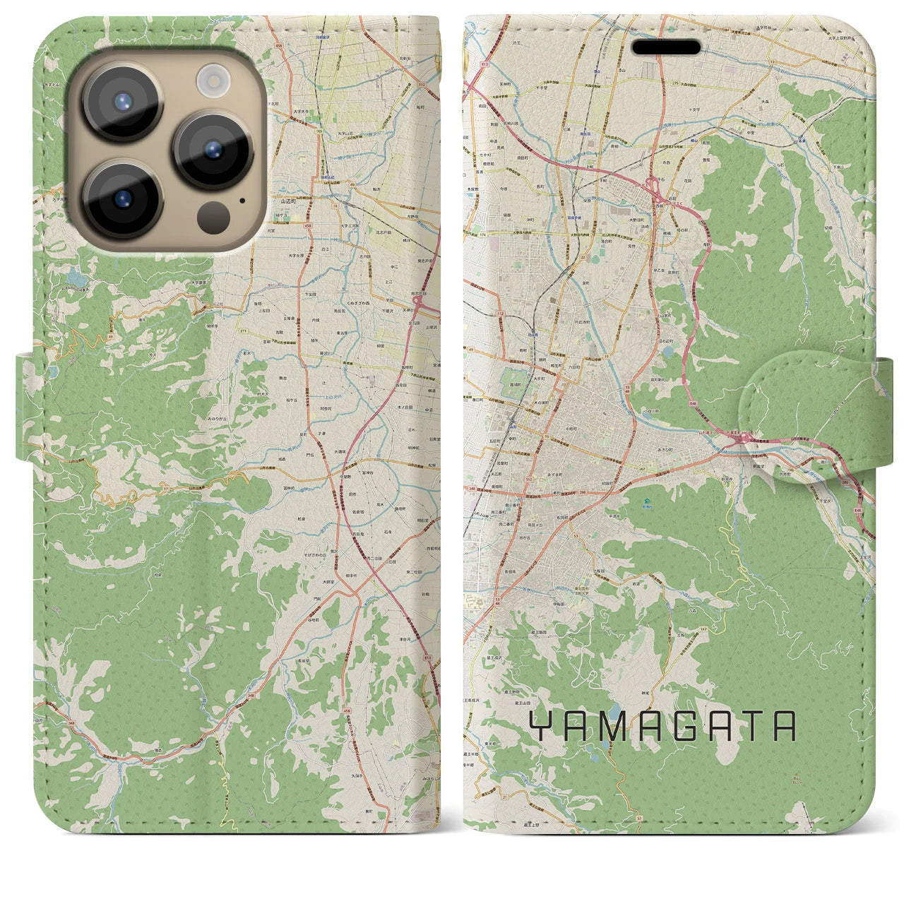 【山形(山形県)】地図柄iPhoneケース(手帳タイプ)ナチュラル・iPhone 14 Pro Max 用