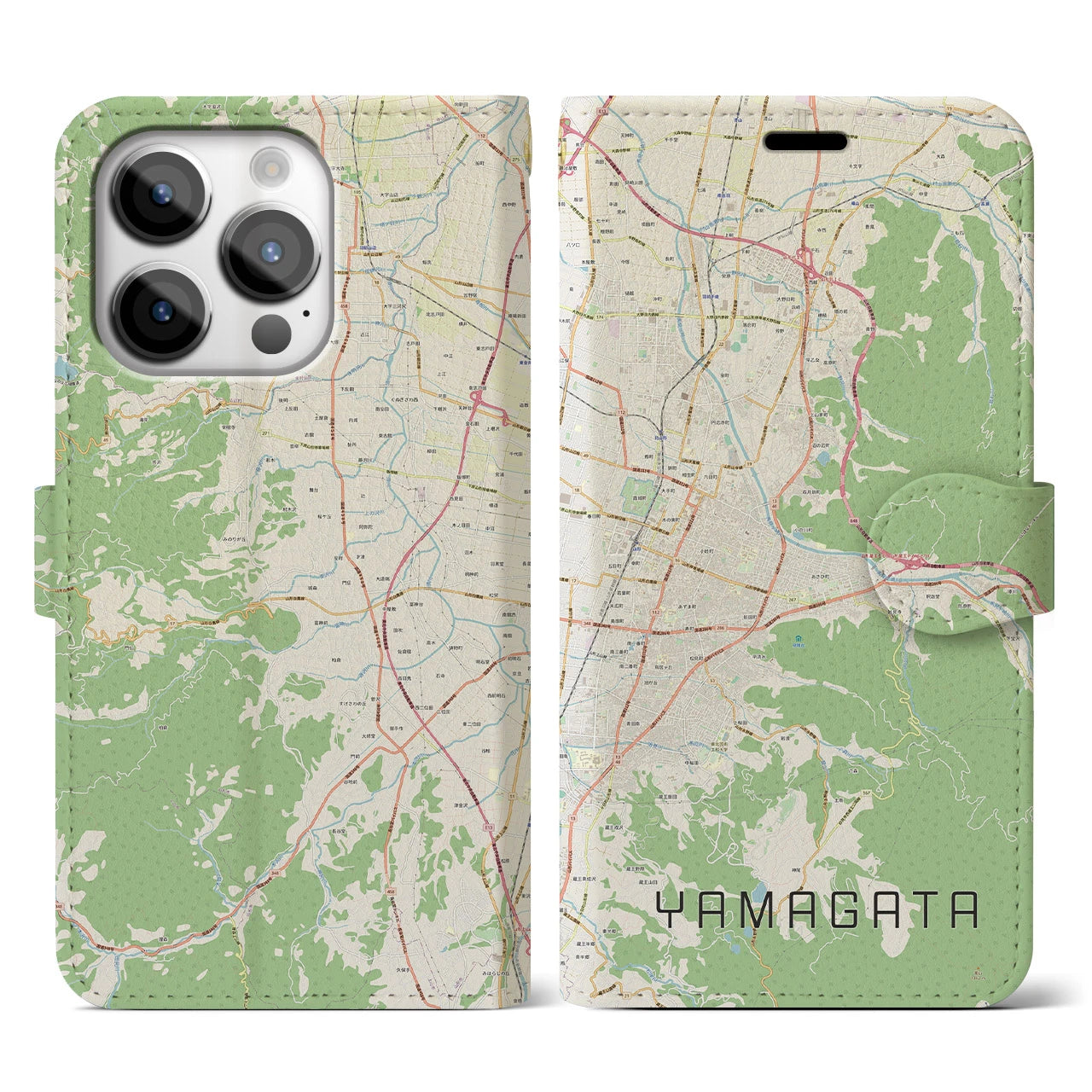 【山形(山形県)】地図柄iPhoneケース(手帳タイプ)ナチュラル・iPhone 14 Pro 用