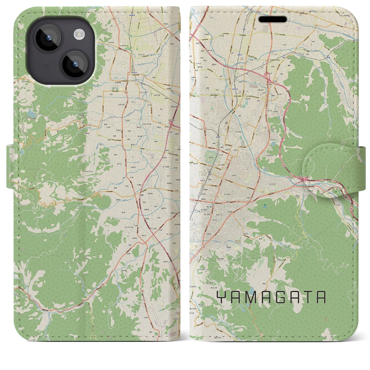 【山形(山形県)】地図柄iPhoneケース(手帳タイプ)ナチュラル・iPhone 14 Plus 用