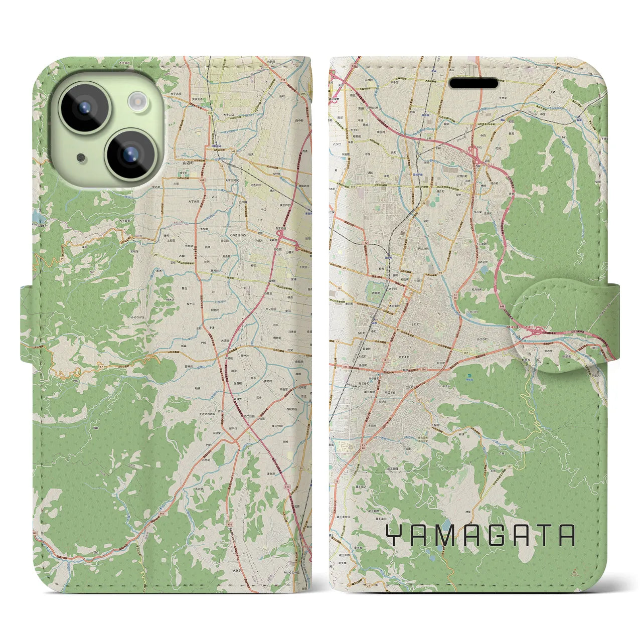【山形(山形県)】地図柄iPhoneケース(手帳タイプ)ナチュラル・iPhone 15 用