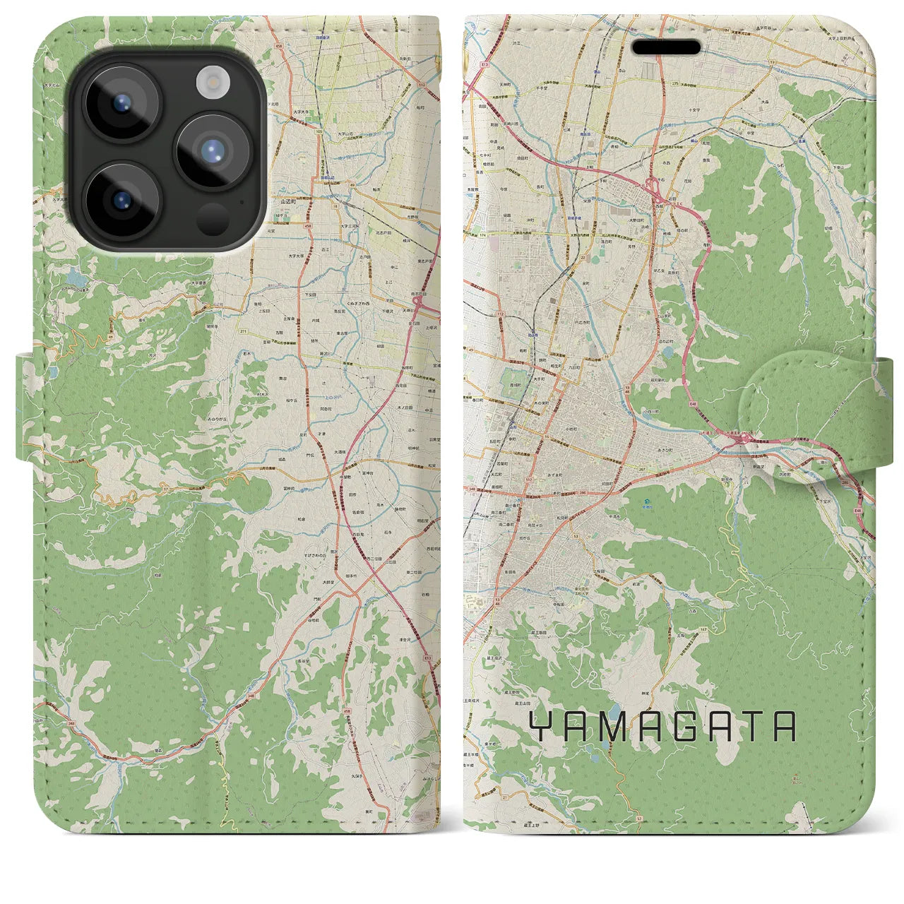 【山形(山形県)】地図柄iPhoneケース(手帳タイプ)ナチュラル・iPhone 15 Pro Max 用