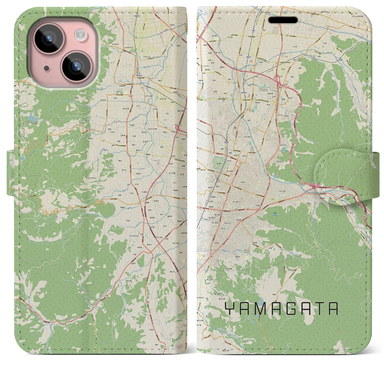 【山形(山形県)】地図柄iPhoneケース(手帳タイプ)ナチュラル・iPhone 15 Plus 用
