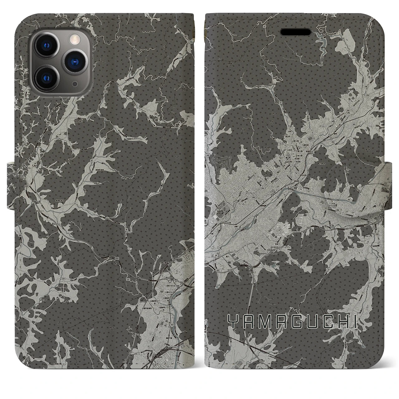 【山口(山口県)】地図柄iPhoneケース(手帳タイプ)モノトーン・iPhone 11 Pro Max 用