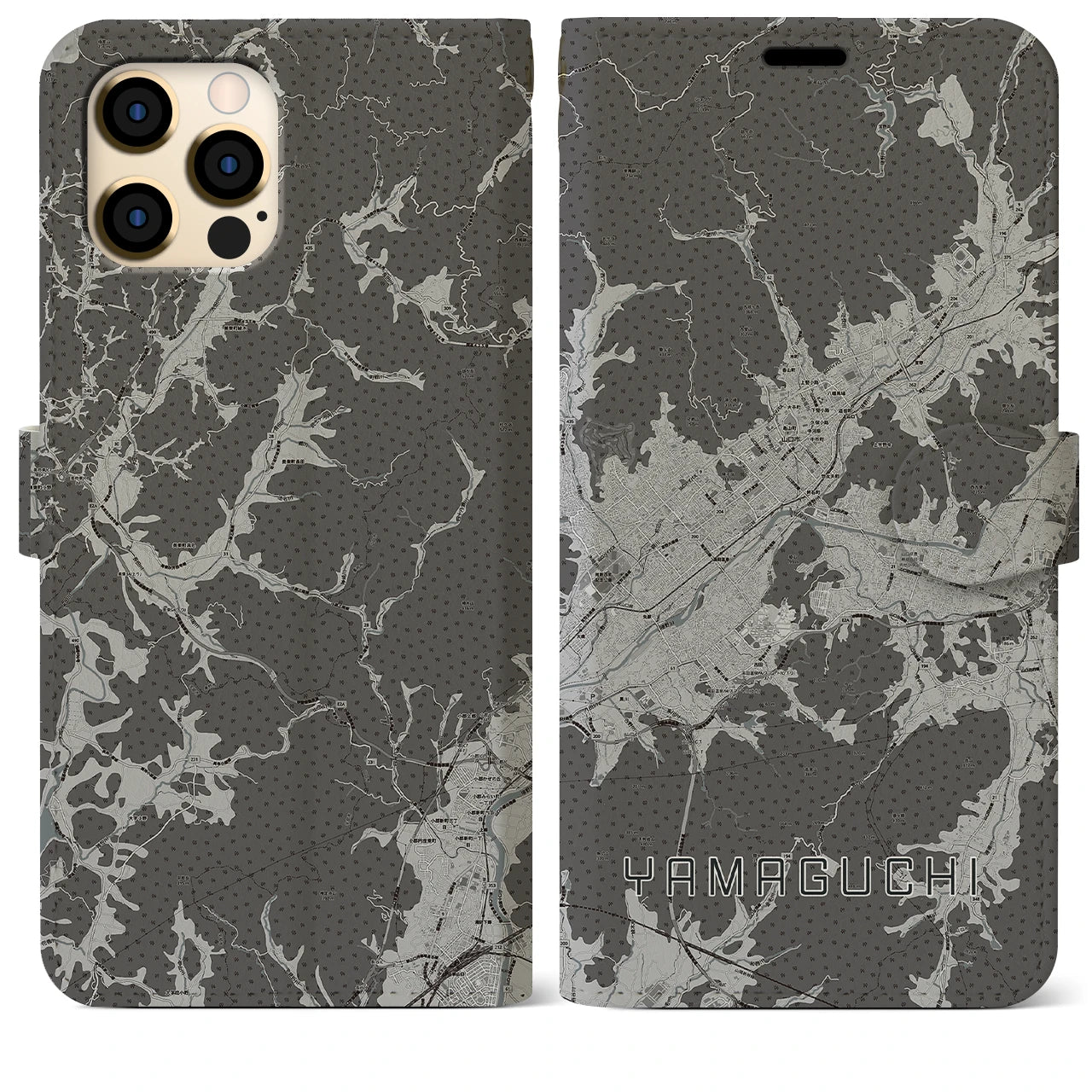 【山口(山口県)】地図柄iPhoneケース(手帳タイプ)モノトーン・iPhone 12 Pro Max 用