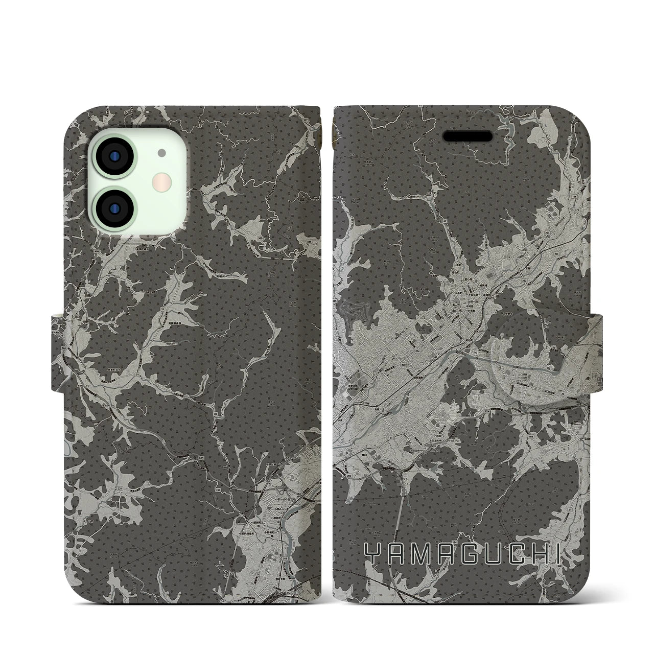 【山口(山口県)】地図柄iPhoneケース(手帳タイプ)モノトーン・iPhone 12 mini 用