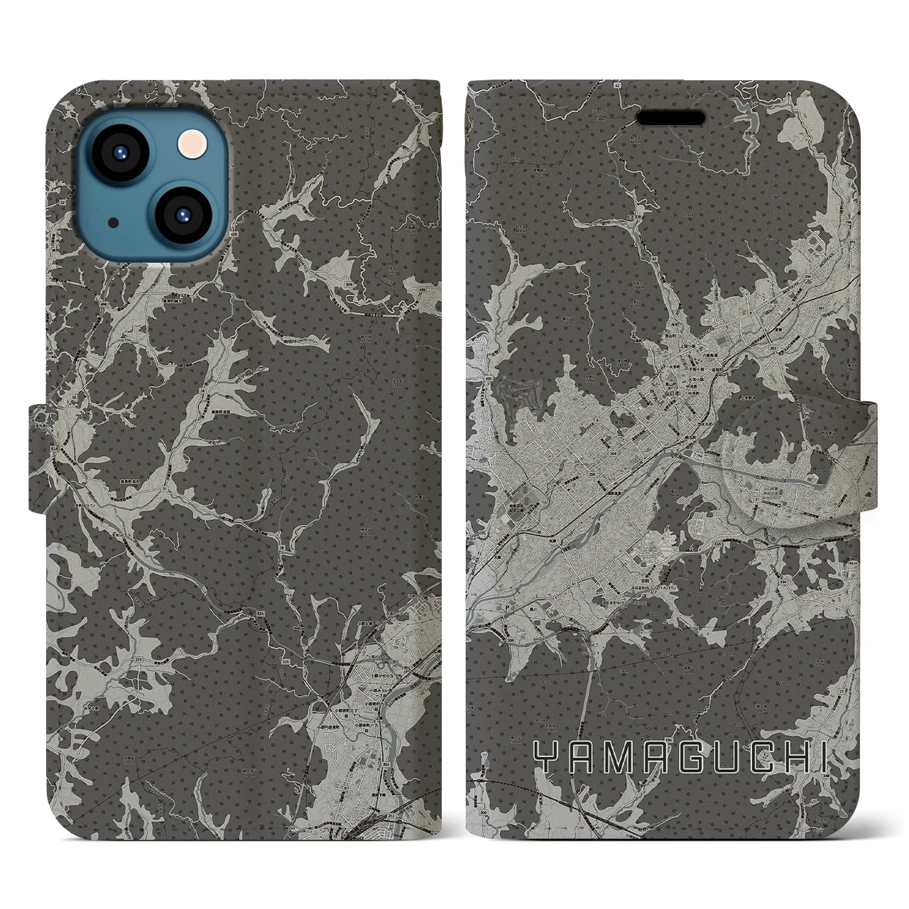 【山口(山口県)】地図柄iPhoneケース(手帳タイプ)モノトーン・iPhone 13 用