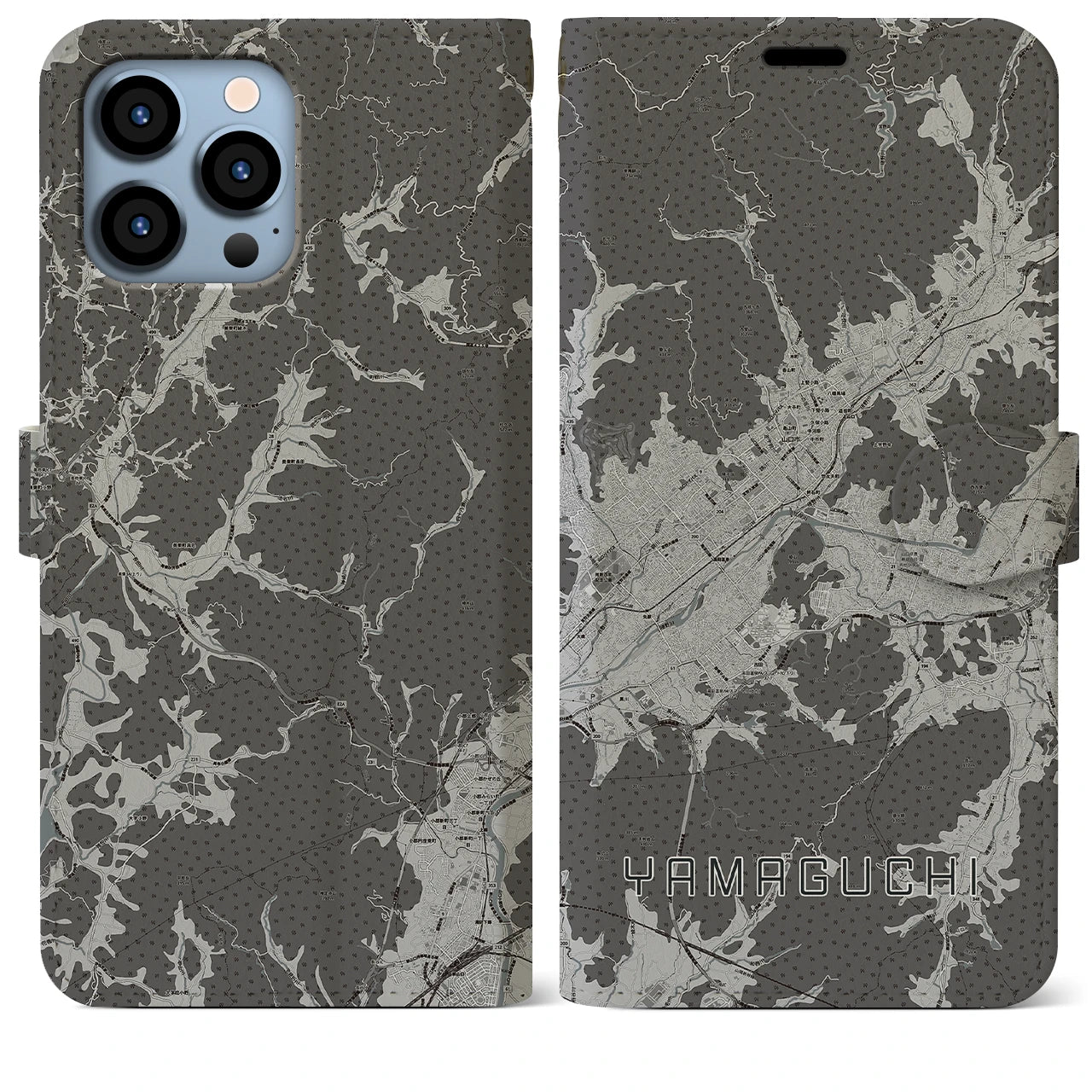 【山口(山口県)】地図柄iPhoneケース(手帳タイプ)モノトーン・iPhone 13 Pro Max 用