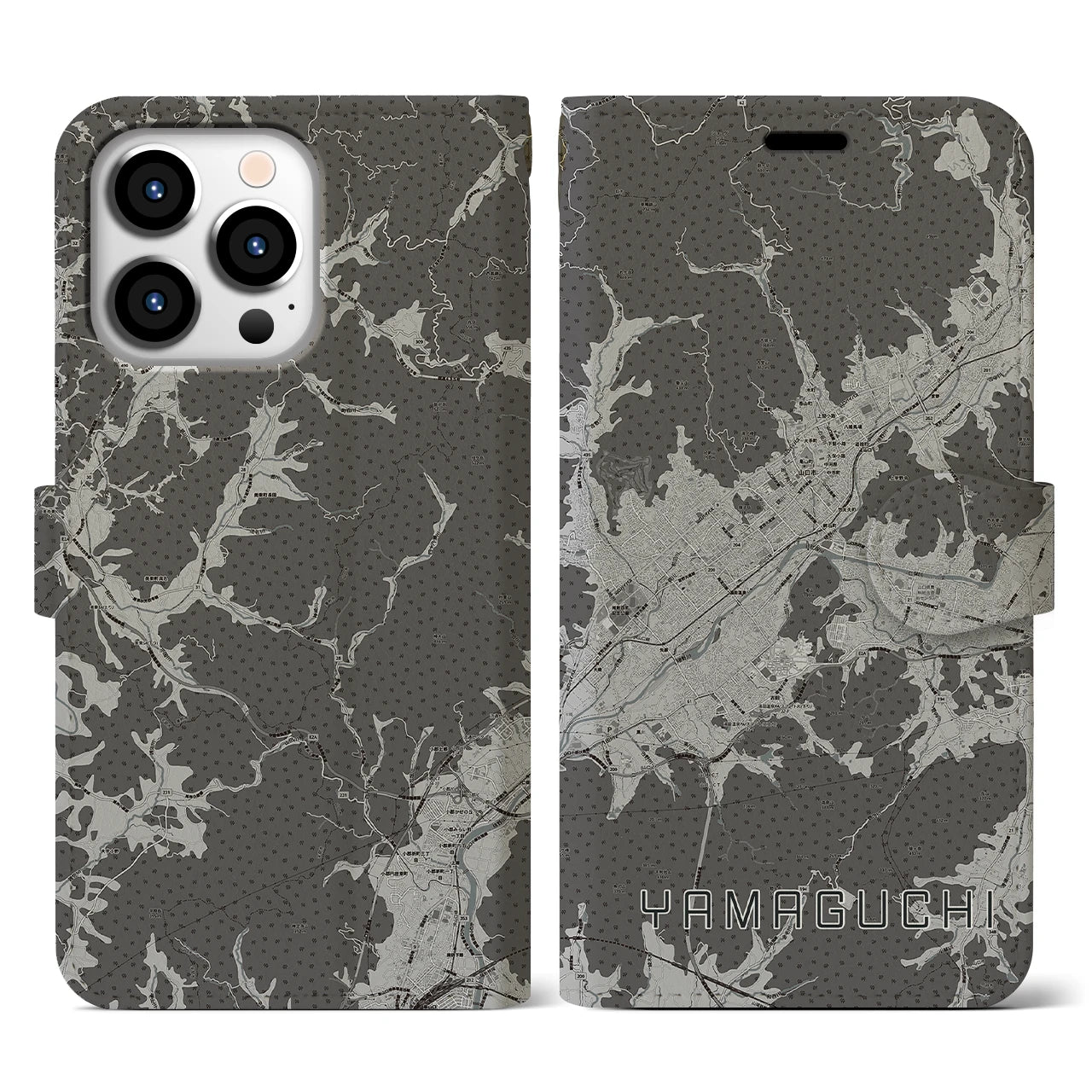 【山口(山口県)】地図柄iPhoneケース(手帳タイプ)モノトーン・iPhone 13 Pro 用