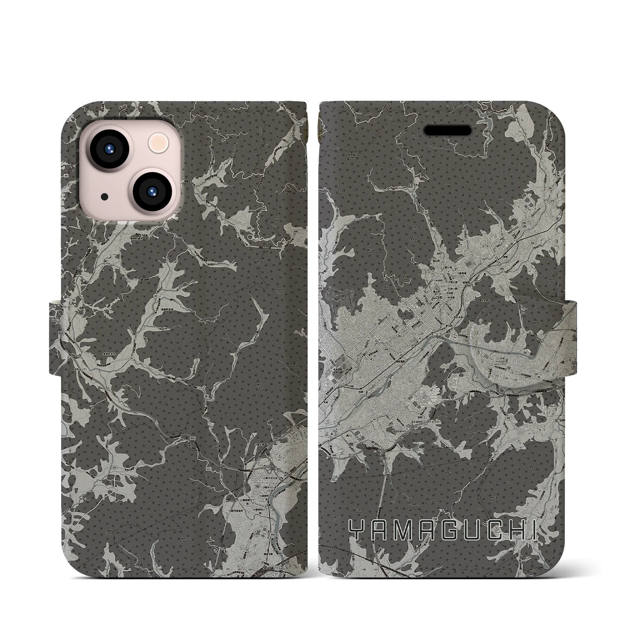 【山口(山口県)】地図柄iPhoneケース(手帳タイプ)モノトーン・iPhone 13 mini 用