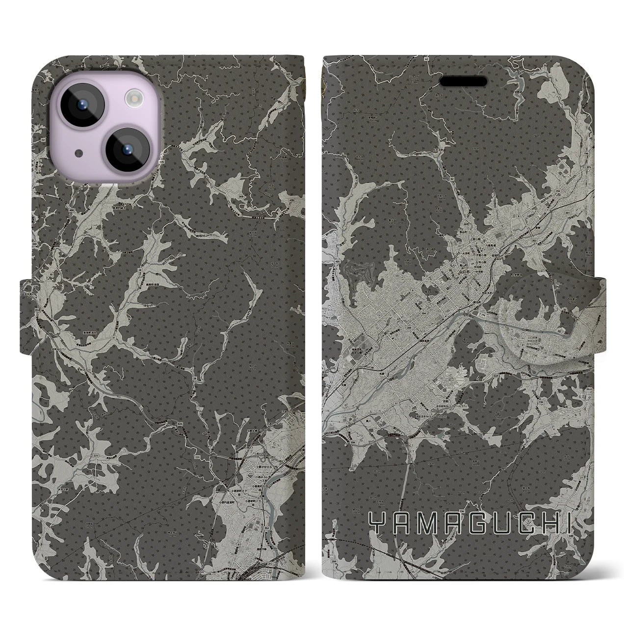 【山口(山口県)】地図柄iPhoneケース(手帳タイプ)モノトーン・iPhone 14 用