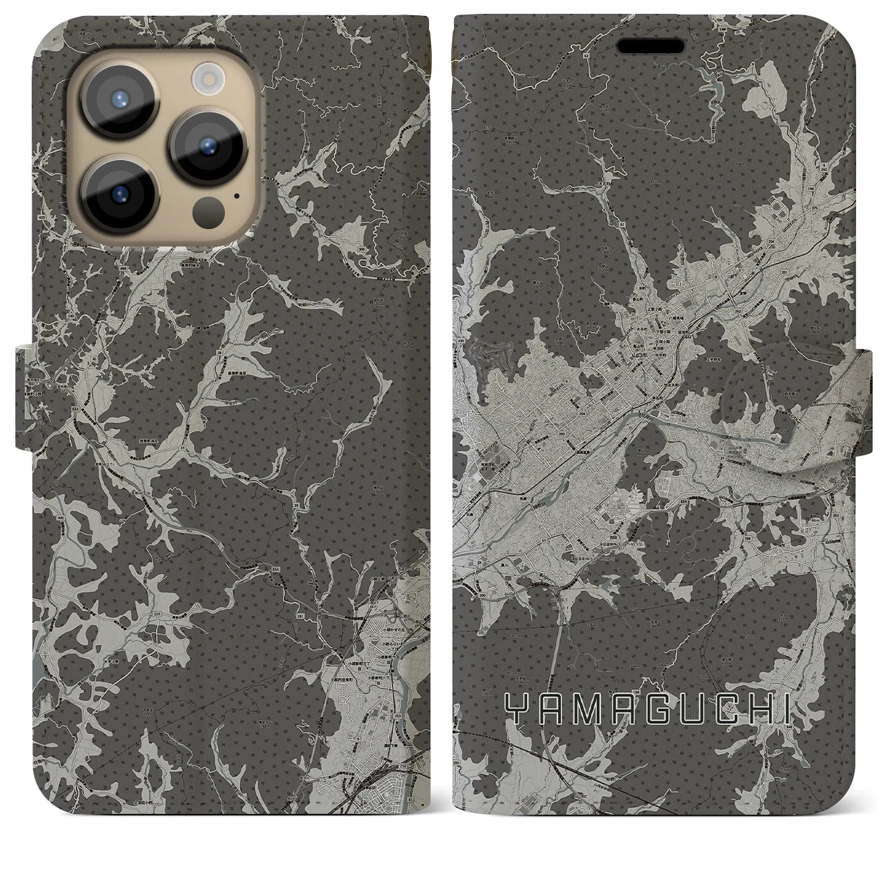 【山口(山口県)】地図柄iPhoneケース(手帳タイプ)モノトーン・iPhone 14 Pro Max 用