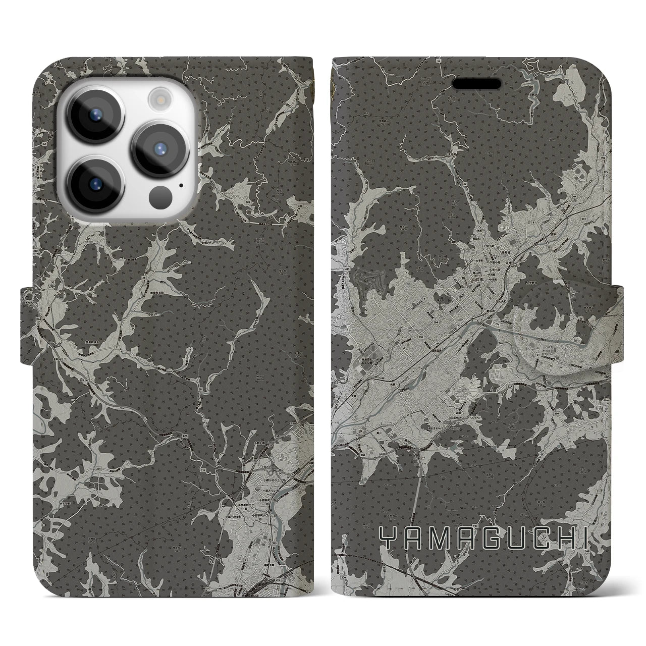 【山口(山口県)】地図柄iPhoneケース(手帳タイプ)モノトーン・iPhone 14 Pro 用