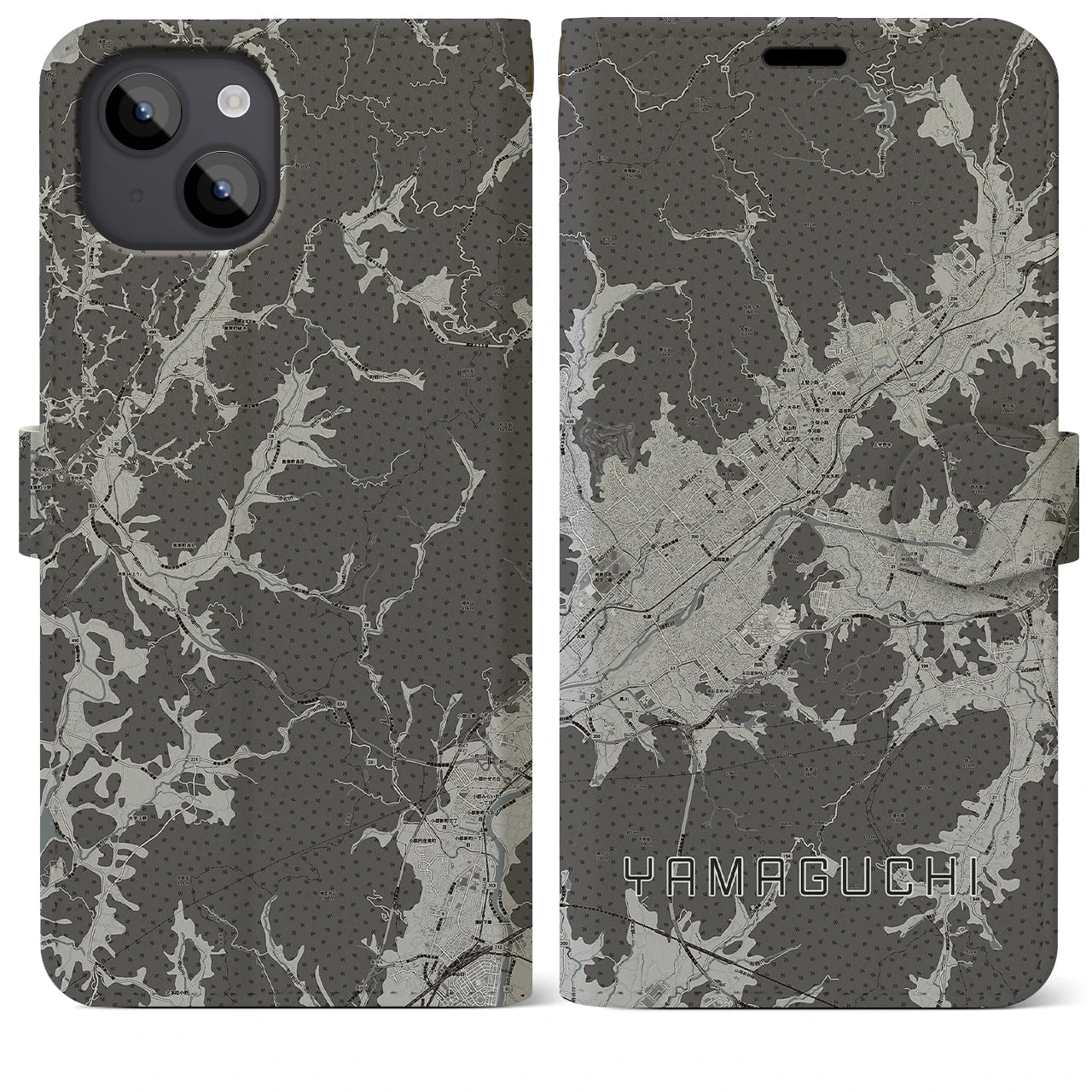 【山口(山口県)】地図柄iPhoneケース(手帳タイプ)モノトーン・iPhone 14 Plus 用