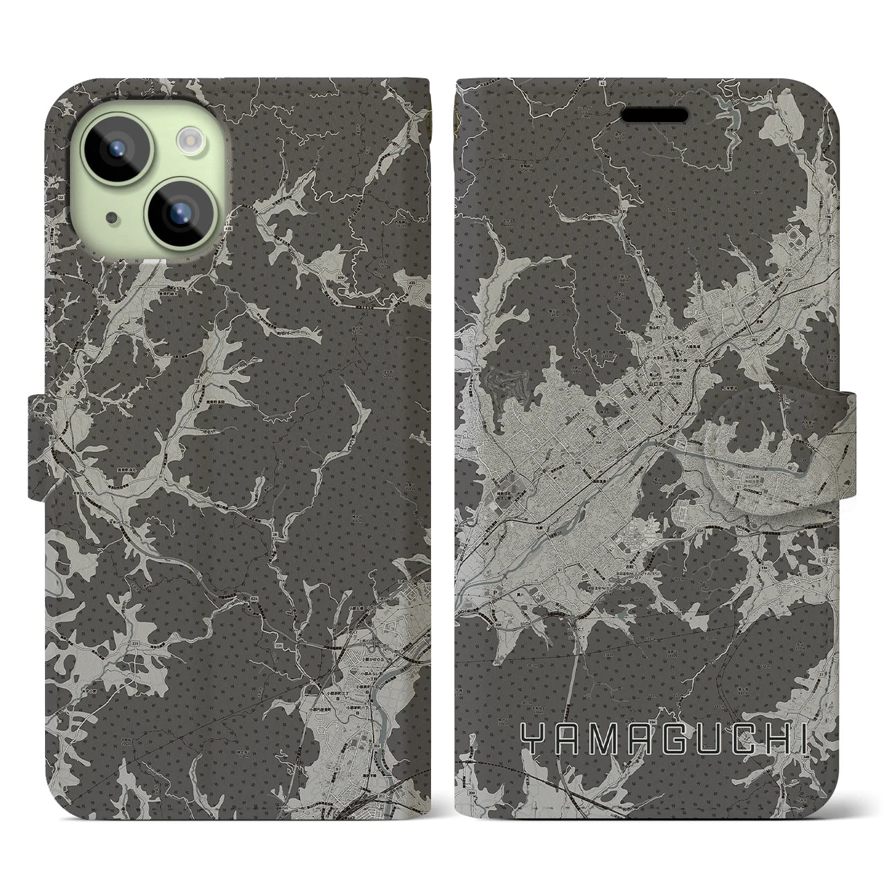 【山口(山口県)】地図柄iPhoneケース(手帳タイプ)モノトーン・iPhone 15 用