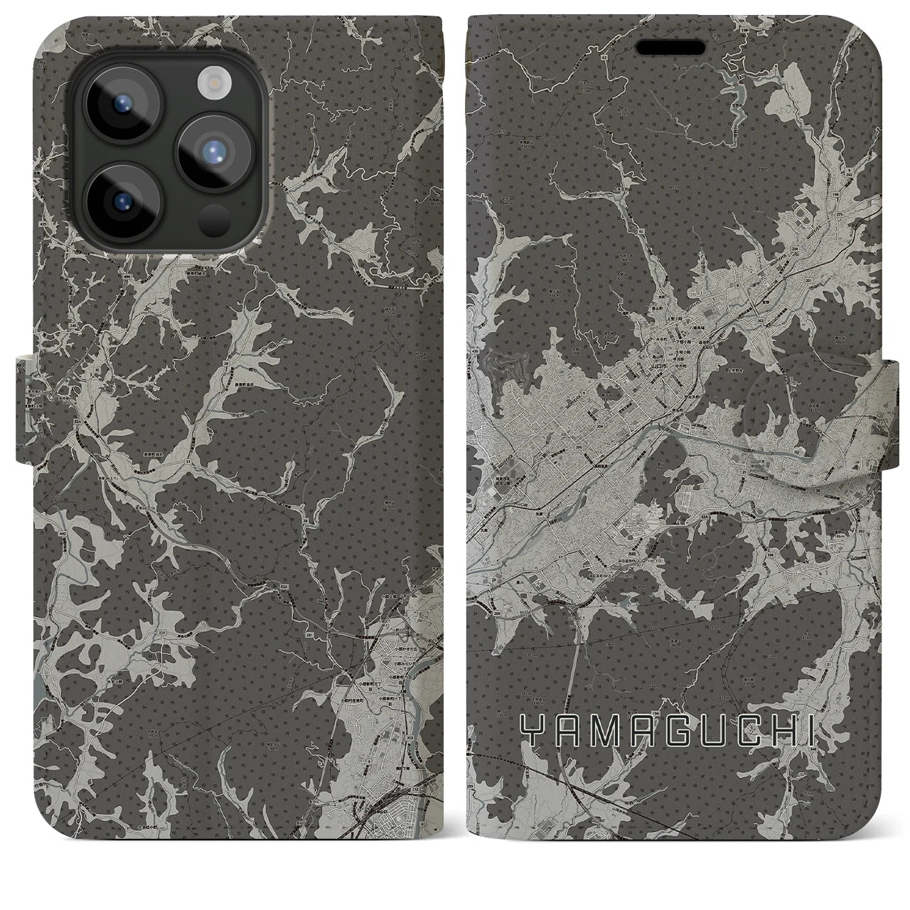 【山口(山口県)】地図柄iPhoneケース(手帳タイプ)モノトーン・iPhone 15 Pro Max 用
