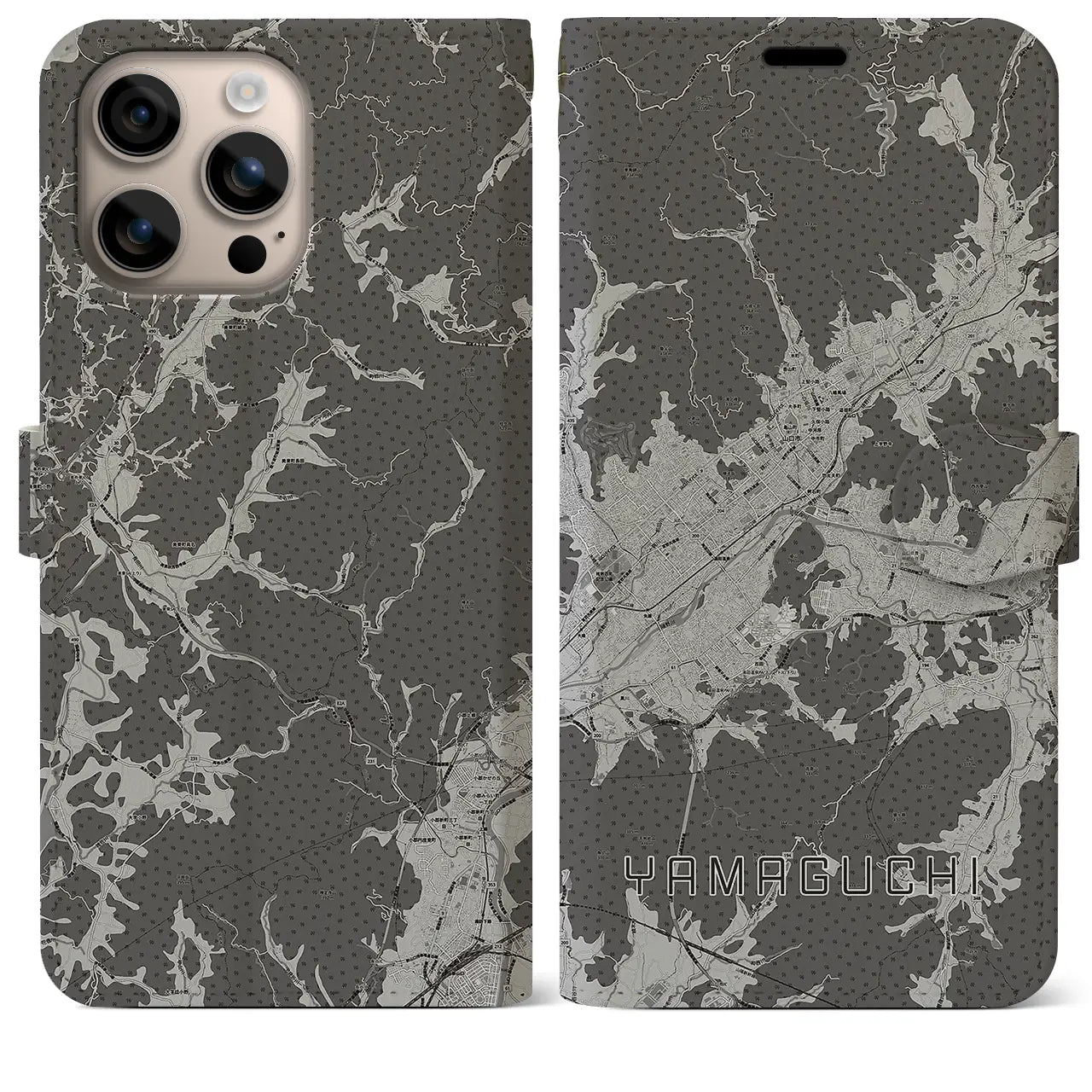 【山口(山口県)】地図柄iPhoneケース(手帳タイプ)モノトーン・iPhone 16 Plus 用