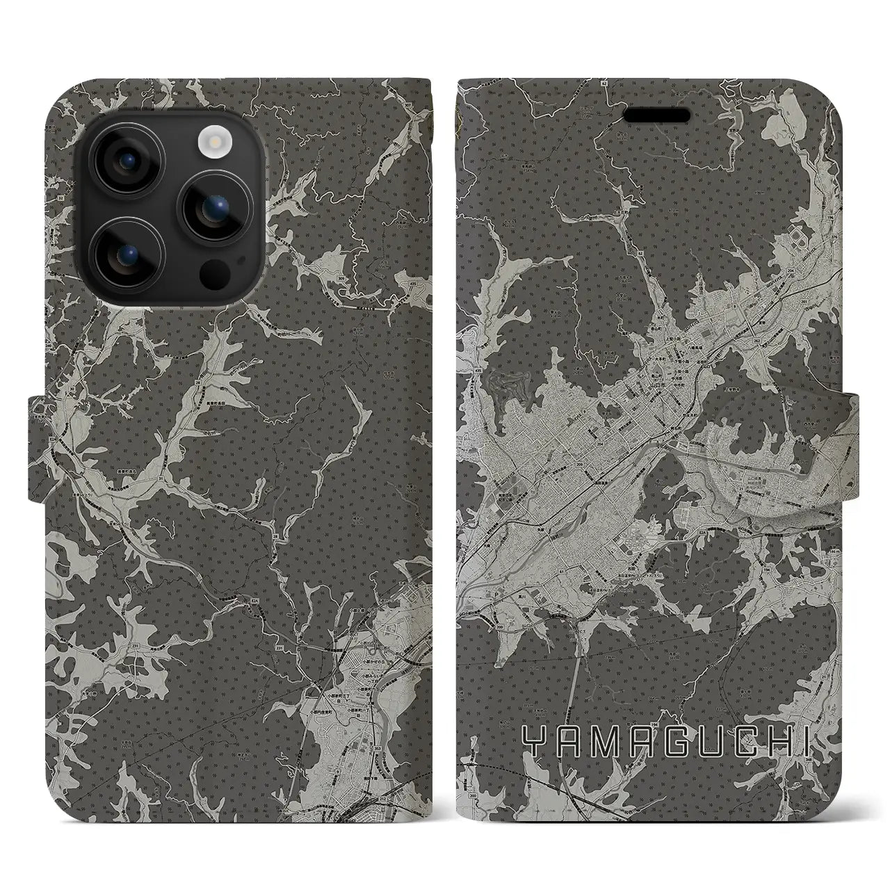 【山口(山口県)】地図柄iPhoneケース(手帳タイプ)モノトーン・iPhone 16 用