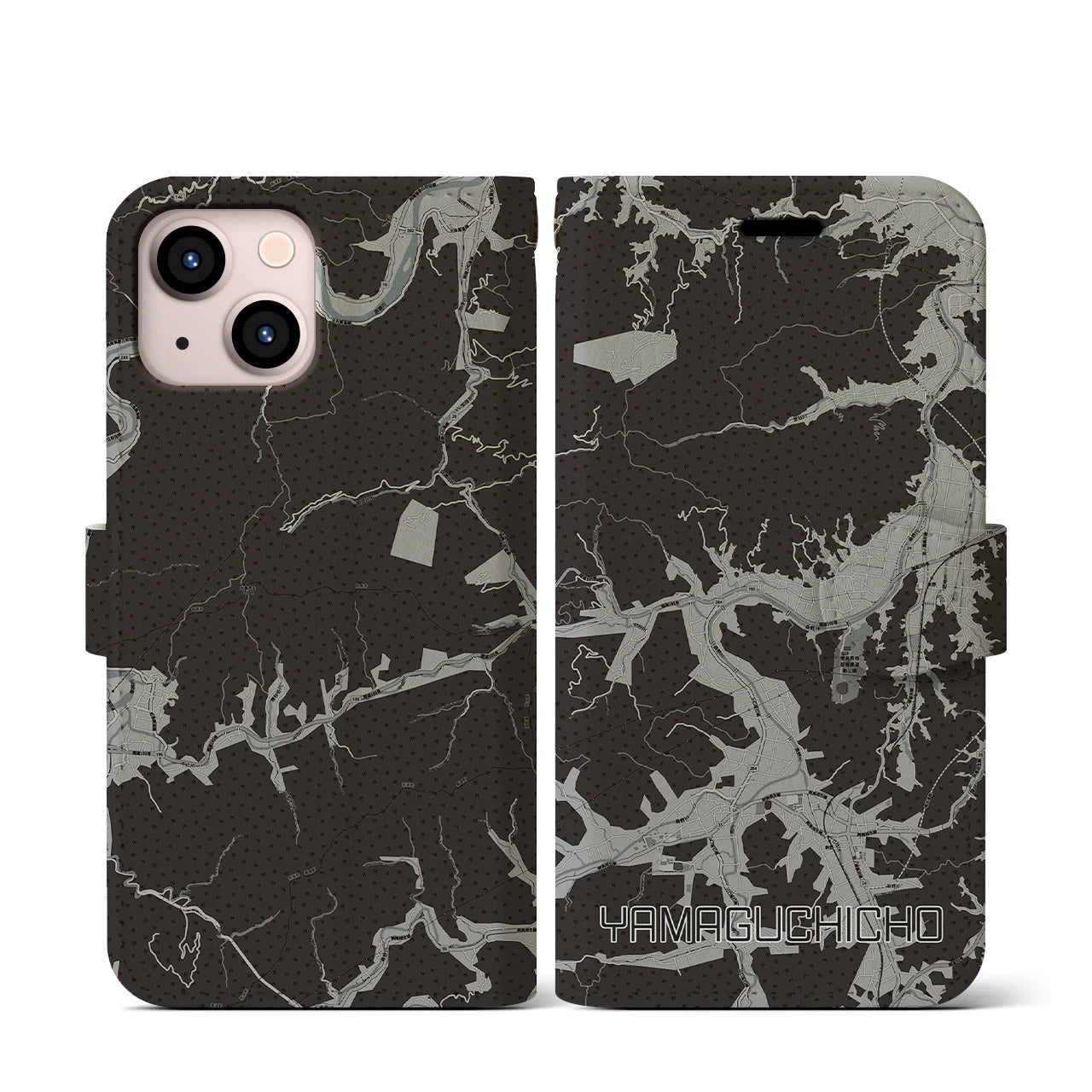 【山口町(徳島県)】地図柄iPhoneケース(手帳タイプ)モノトーン・iPhone 13 mini 用