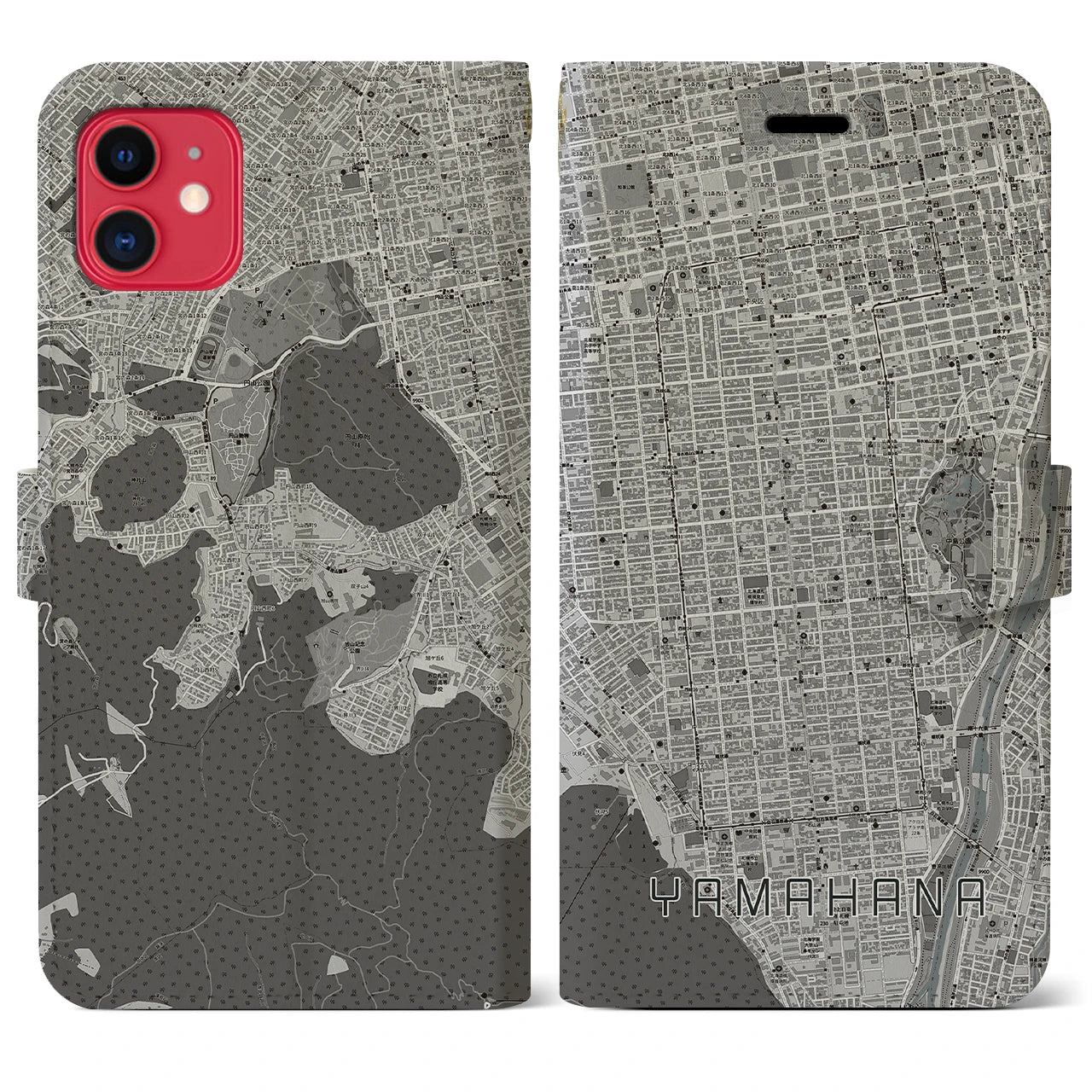 【山鼻(北海道)】地図柄iPhoneケース(手帳タイプ)モノトーン・iPhone 11 用