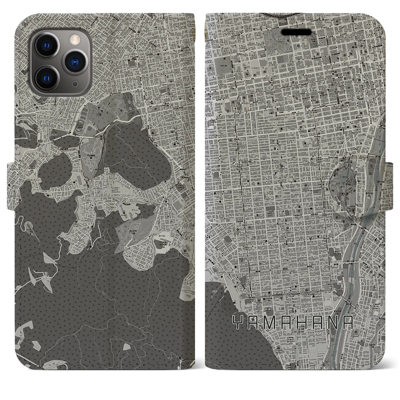 【山鼻(北海道)】地図柄iPhoneケース(手帳タイプ)モノトーン・iPhone 11 Pro Max 用